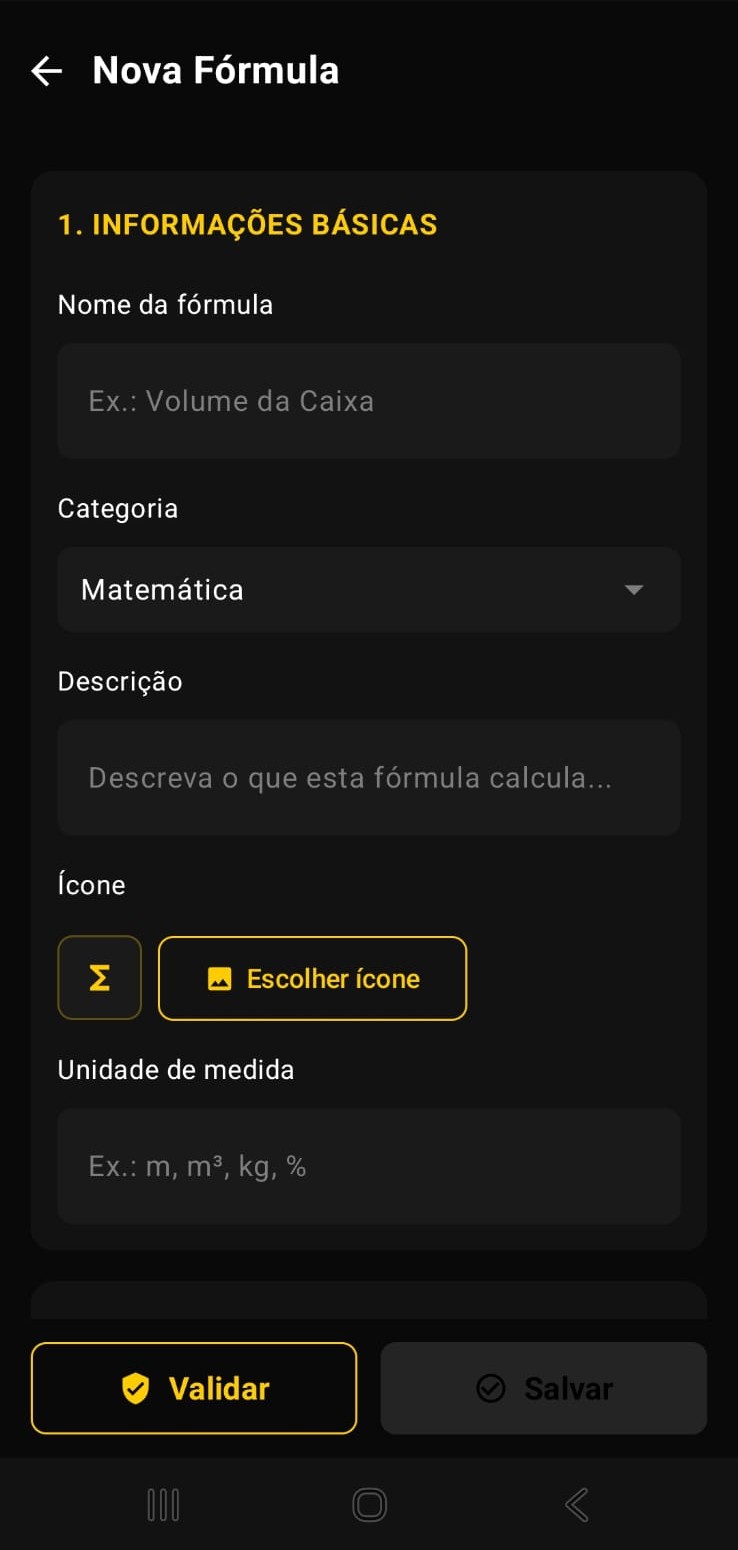 Criador de fórmula — etapas de criação