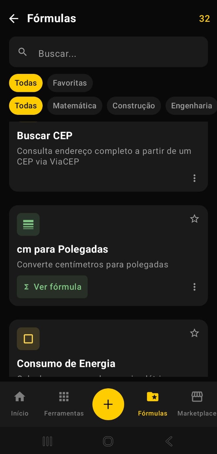 Lista de fórmulas disponíveis no app