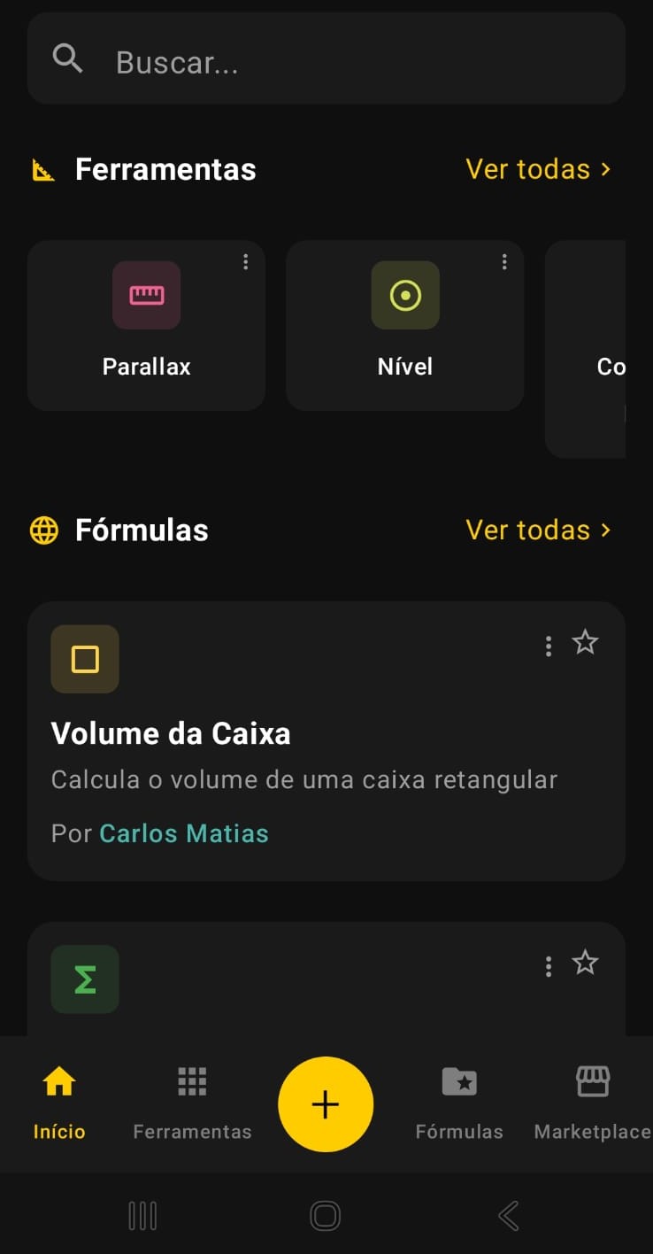 Home Screen — visão geral com busca, fórmulas e ferramentas