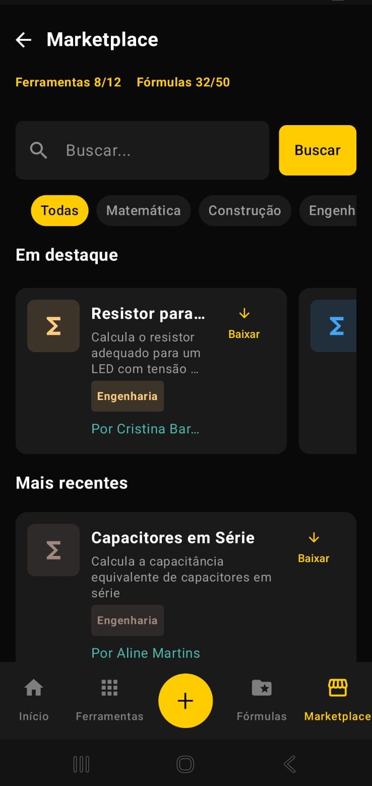 Marketplace — busque, navegue por categoria e baixe fórmulas