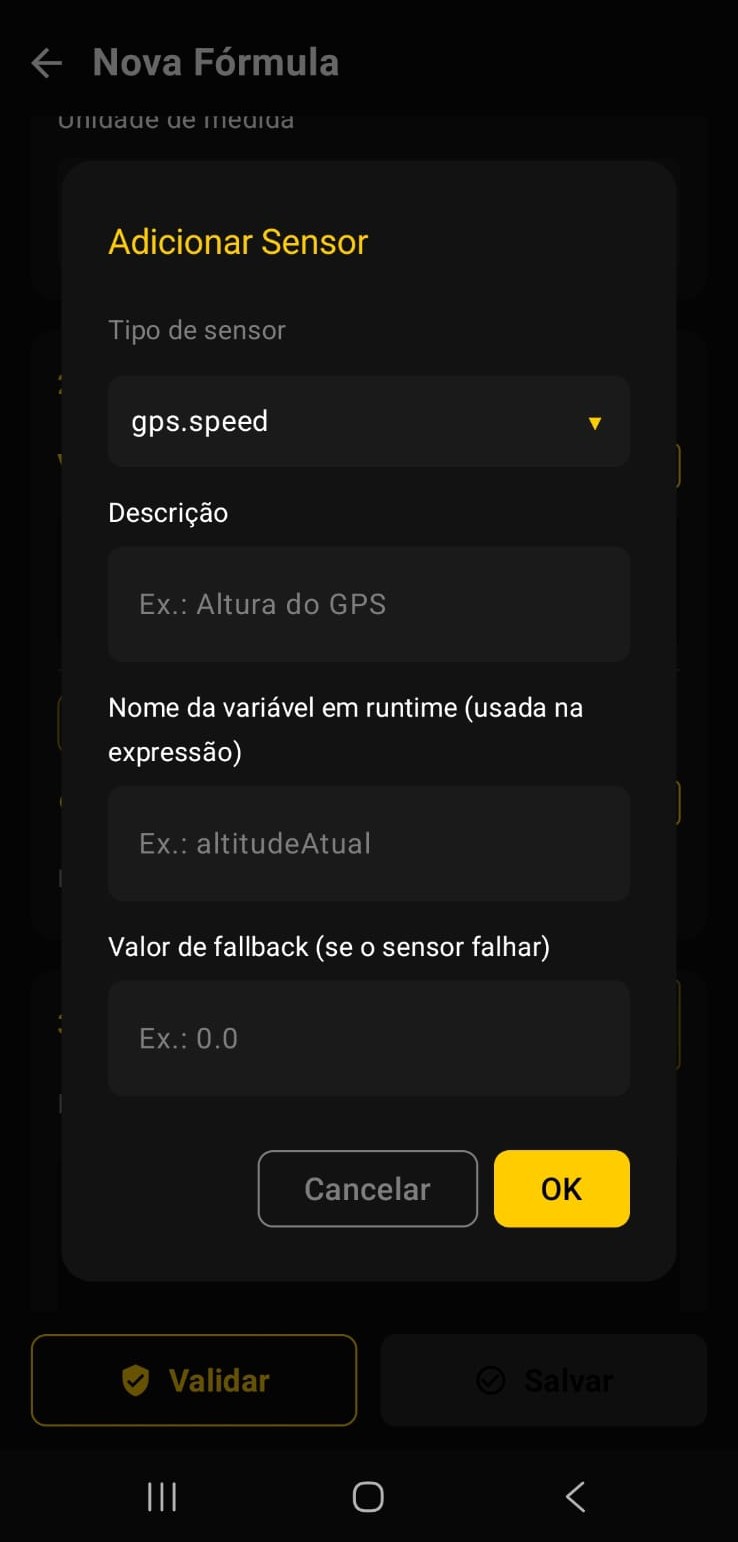 Exemplo — Sensor de velocidade GPS configurado como variável na fórmula
